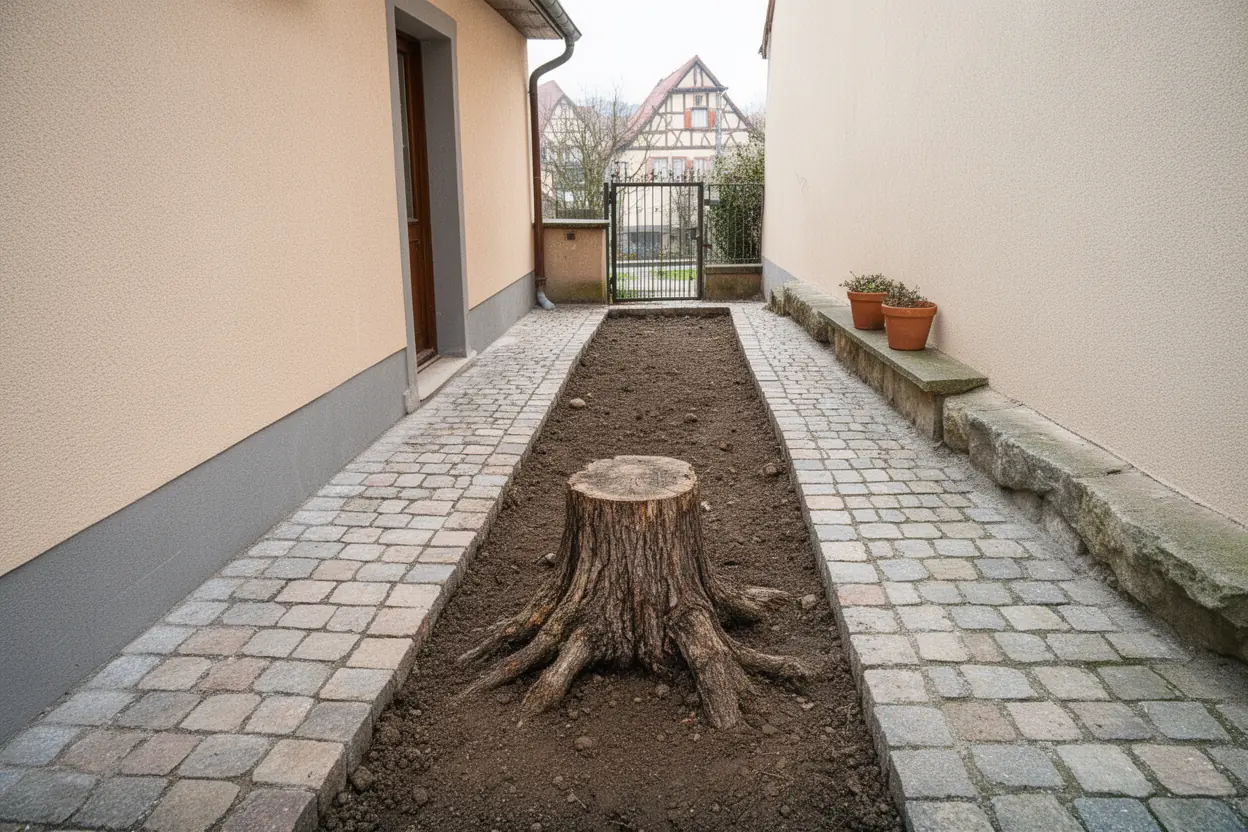 Vieille souche dans une cour à Eguisheim