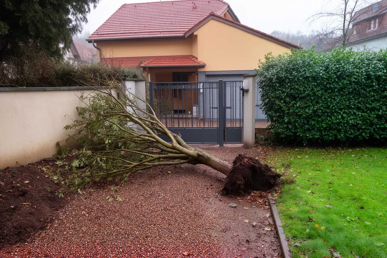 Hêtre déraciné bloquant une entrée à Turckheim