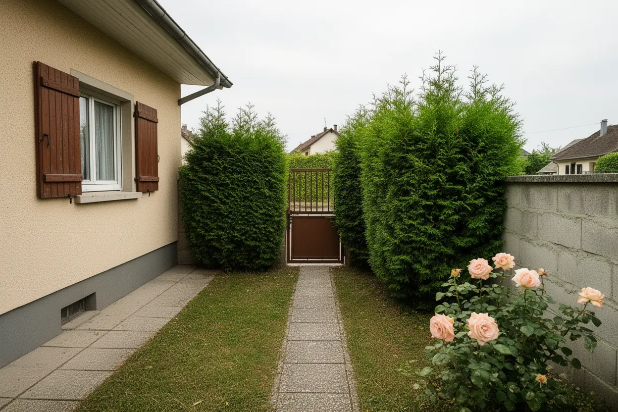 Haie de thuyas débordant sur une allée à Ingersheim avant taille