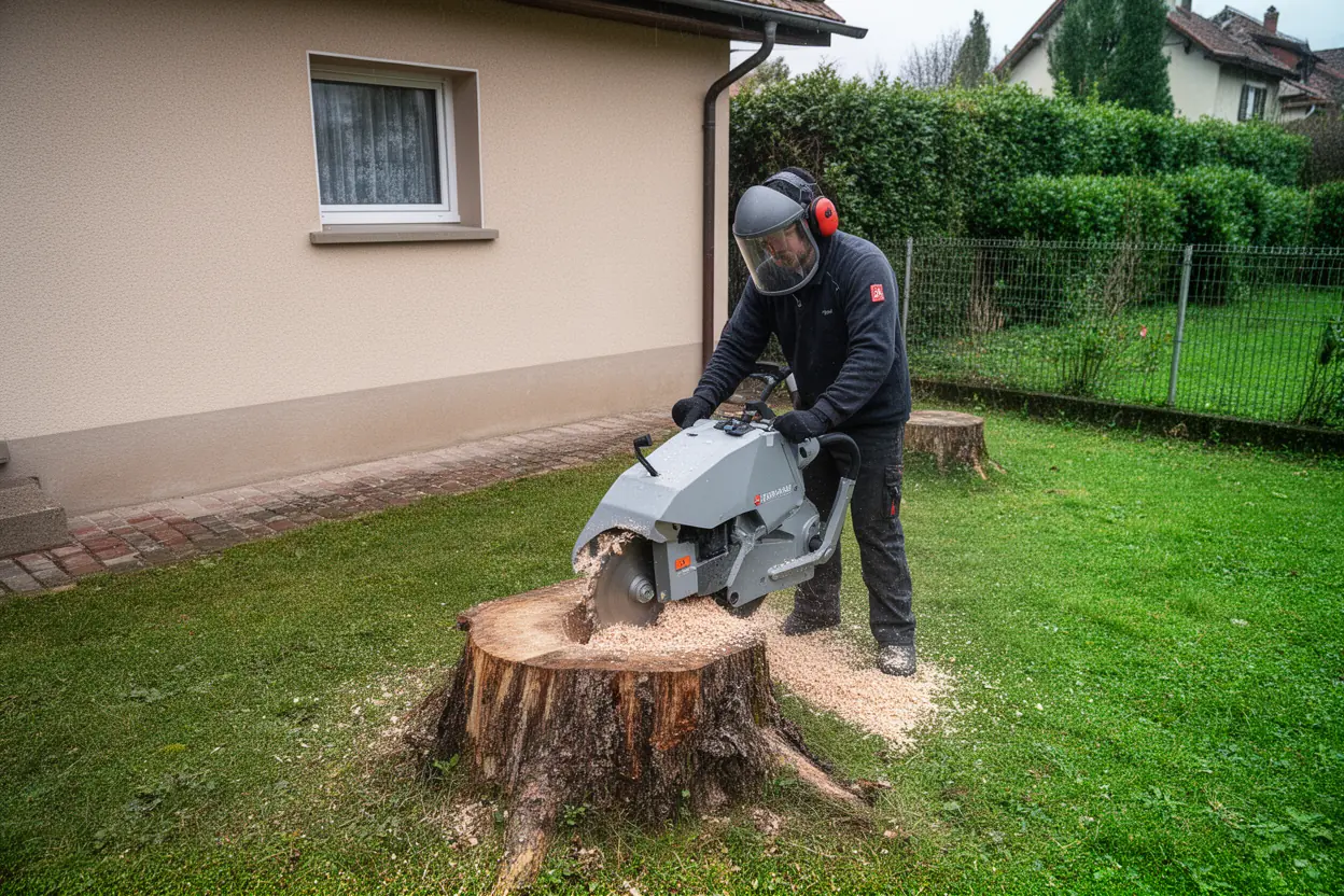 Rogneuse effaçant une souche dans un jardin colmarien