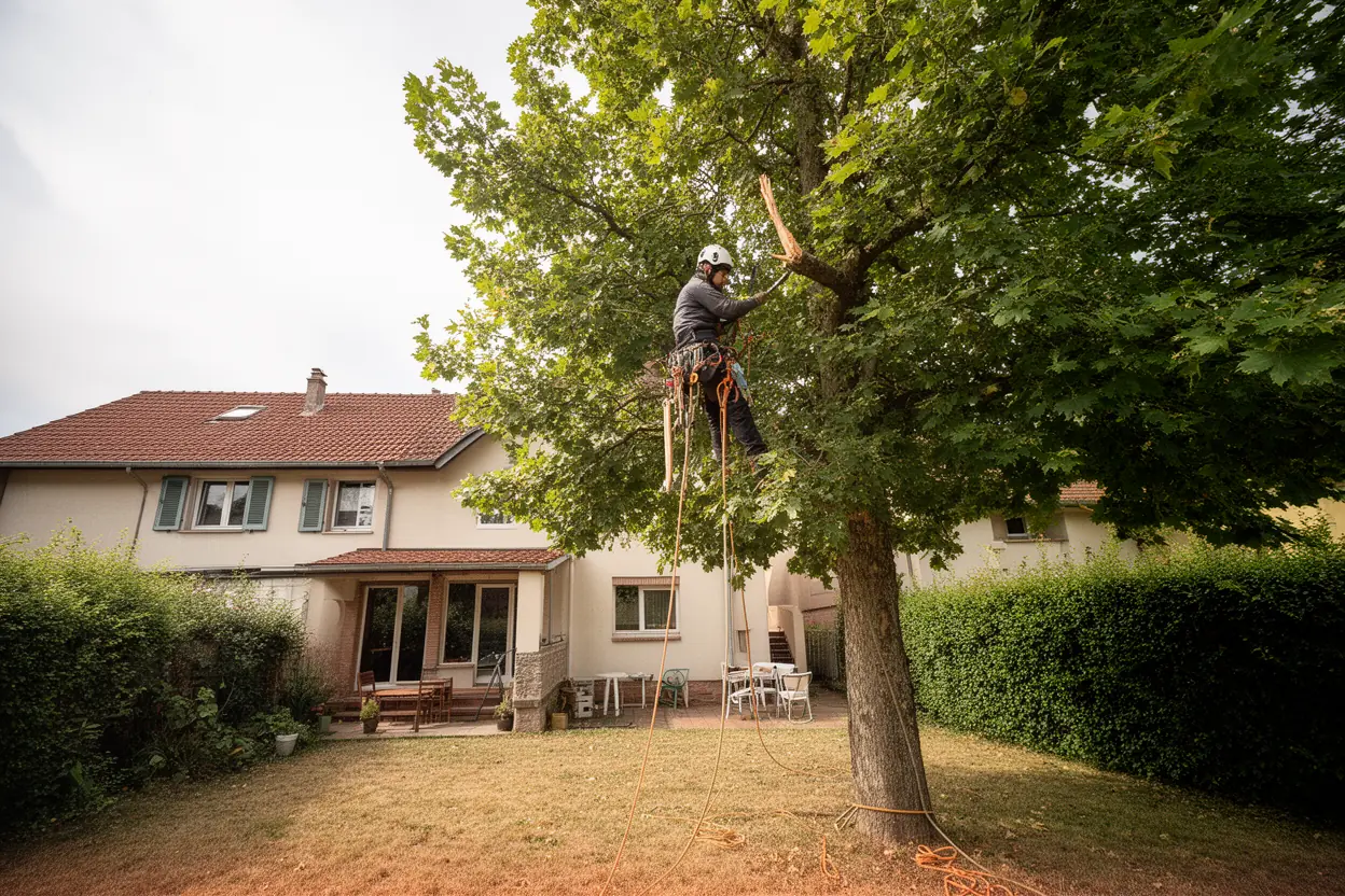 Arboriste taillant un feuillu adulte à Colmar