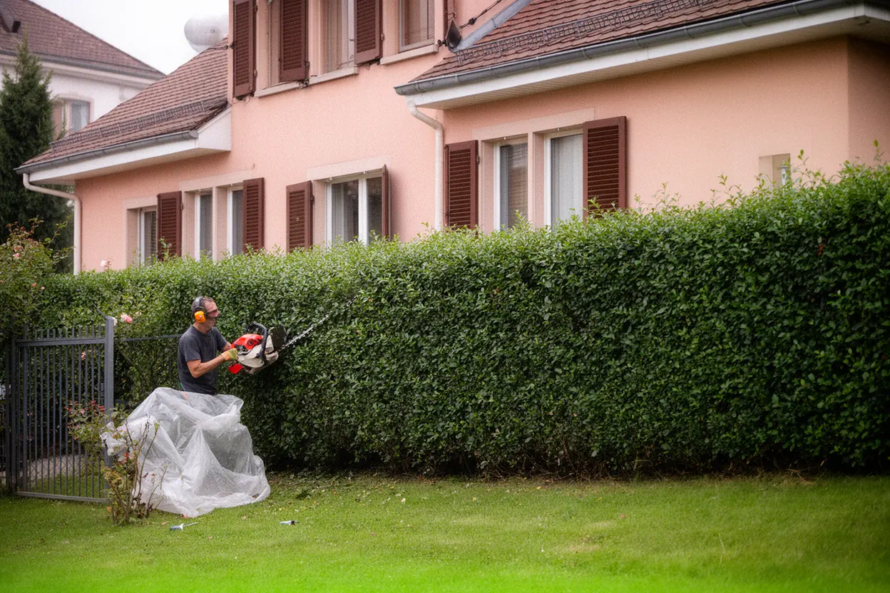 Taille d'une haie de thuya devant une maison à Houssen